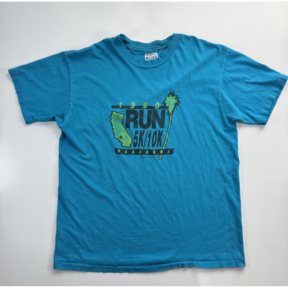 Vtg 1990 Run Pasadena 5K/10K Tee Shirt Hanes XL Made in the USA Teal California